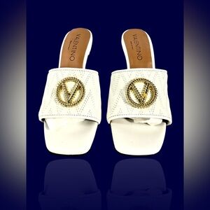 Valentino White Venere Mules with Gold Accent